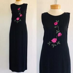 Vintage 90s Floral Maxi Dress, Black with Rose Design, Made in USA